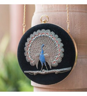 Peacock Design with Black Embroidery Purse