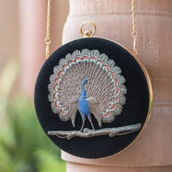 Peacock Design with Black Embroidery Purse..