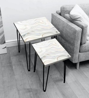 Digital Marble Print Nest of Tables in Silver Colo..