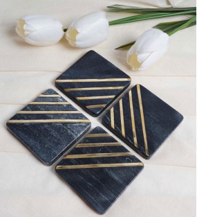 Night Blue Marble Coaster with Brass Work (Set of 4 Pcs)