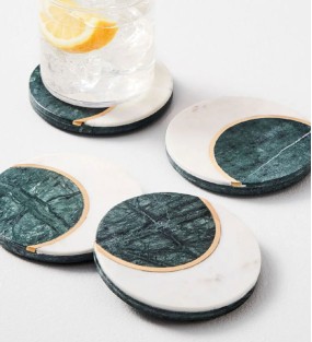 Green White Marble Coaster with Brass Work (Set of 4 Pcs)