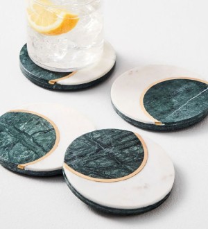 Green White Marble Coaster with Brass Work (Set of..