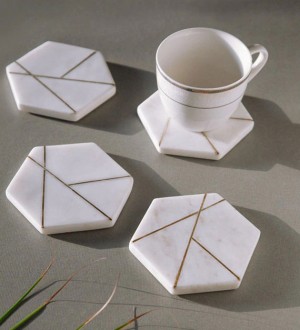 Elegant Marble Coaster with Brass Work (Set of 4 P..