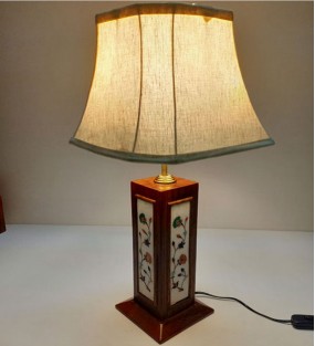 Wood Base Marble Inlay Stone Work Table Lamp..