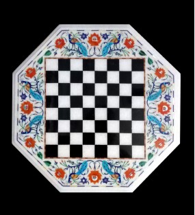 Marble Table Top Cum Chess Board with Floral & Peacock Design