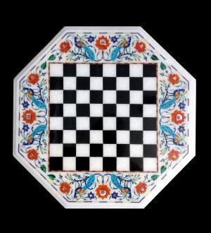 Marble Table Top Cum Chess Board with Floral & Pea..