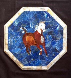 White Marble Table Top in Blue Background with Stylish Horse..
