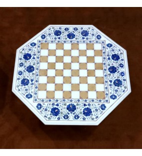 White Octagonal Chess Design Marble Center Table with Wooden Stand