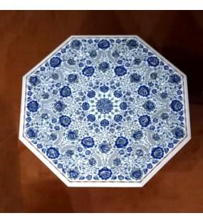 White Octagonal Floral Design Marble Center Table with Woode..