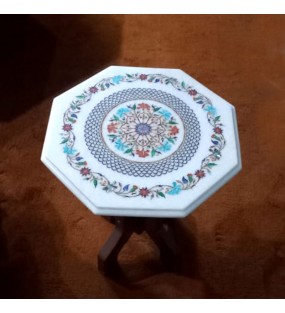 White Octagonal Style Marble Center Table with Wooden Stand..