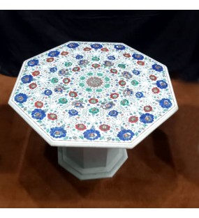 White Octagonal Floral Work Marble Center Table with Marble ..